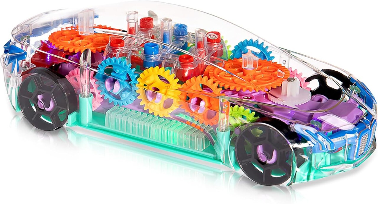 Light Up Transparent Car Kids 8” Battery Operated Toy Car for Boys & Girls, Mechanical Bump and Go Toy Car with Colorful Moving Gears, LED Light Effects, Plays Music